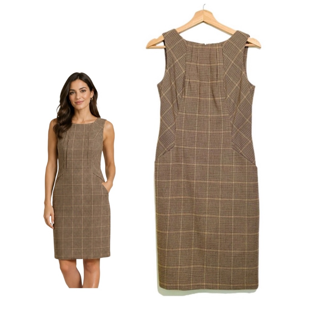 Academia Tweed Dress Talbots Sleeveless Brown Houndstooth Size 2 Petite